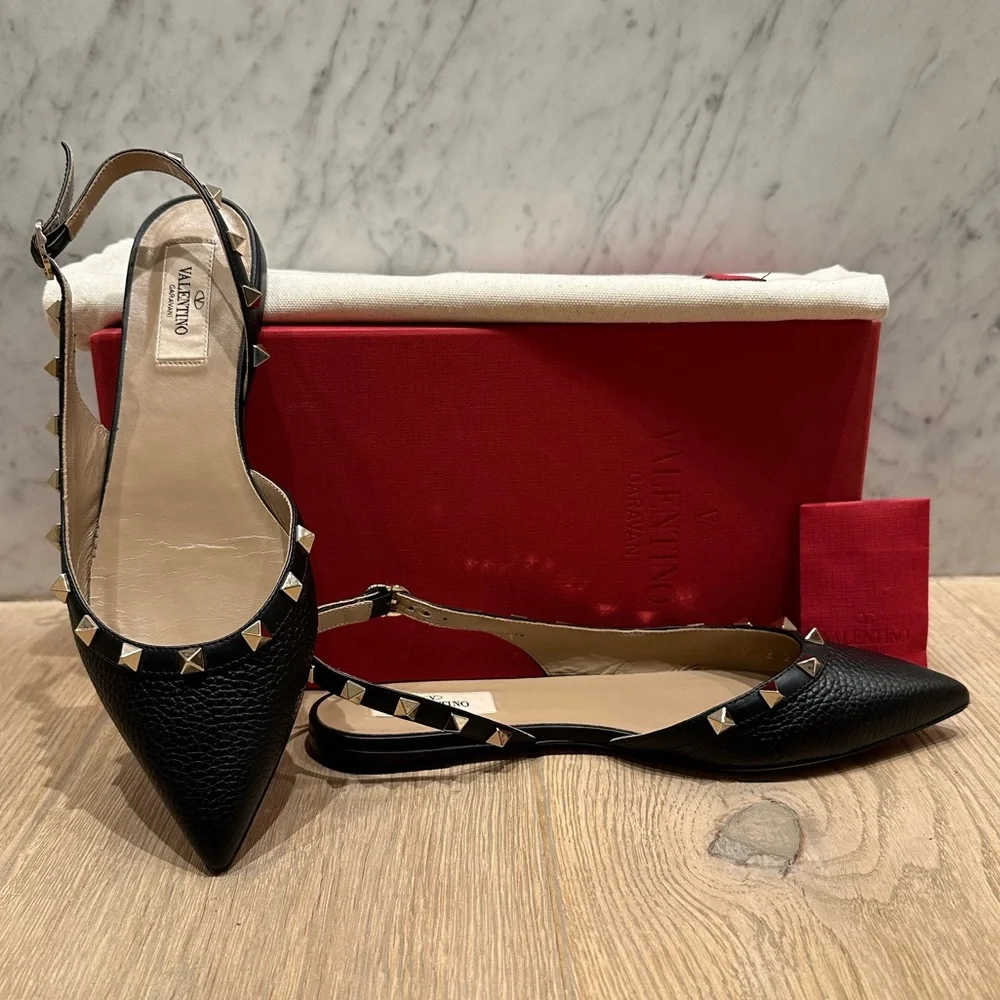 Valentino Ballerina Rockstud Black Point Toe Flats - Picture 1 of 14